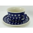 Bunzlauer Keramik Tasse mit Unterteller (F036-70A) Pünktchen, blau/weiß 0,25Liter