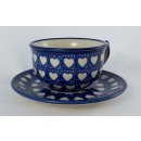 Bunzlauer Keramik Tasse mit Unterteller (F036-SEM), Herzen, blau/weiß 0,3Liter