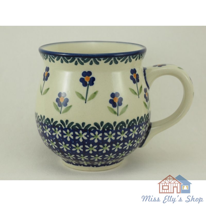 Bunzlauer Keramik Tasse BÖHMISCH K068-MAGD Punkte 0,45 Liter, blau/weiß