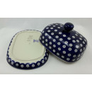 B-Ware Bunzlauer Keramik Butterdose groß, für 250g Butter, Punkte, blau/weiß (M137-70A)