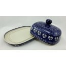B-Ware Bunzlauer Keramik Butterdose gro&szlig;, f&uuml;r 250g Butter, Herzen, blau/wei&szlig; (M137-DSS)