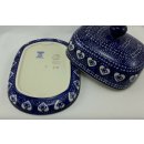 B-Ware Bunzlauer Keramik Butterdose groß, für 250g Butter, Herzen, blau/weiß (M137-DSS)